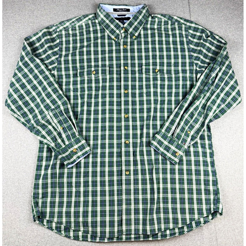 Tommy Hilfiger Mens XL Heritage Poplin Shirt Green Plaid Long Sleeve Button Down
